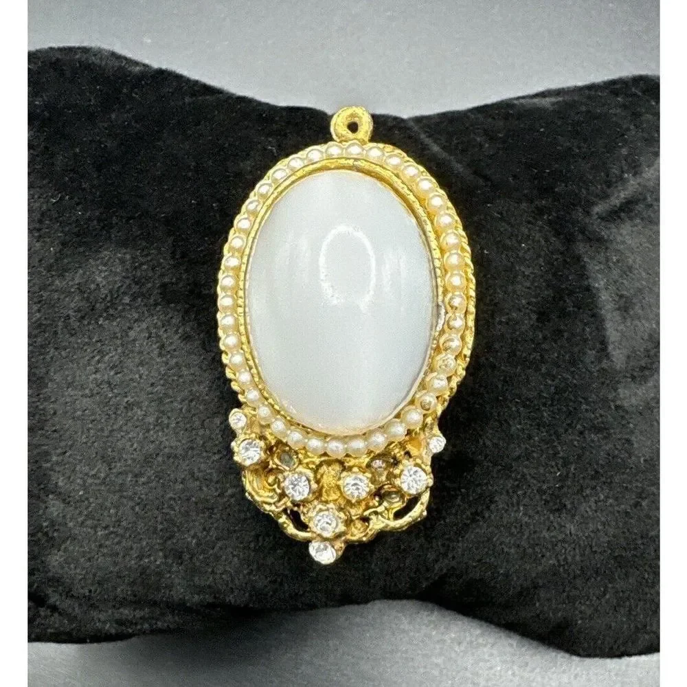 Vintage Gold Tone Brooch Rhinestone Faux Seed Pearl White Glass Cabochon Pendant